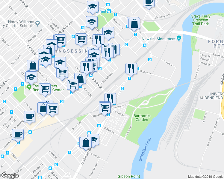 map of restaurants, bars, coffee shops, grocery stores, and more near 5345 Grays Avenue in Philadelphia