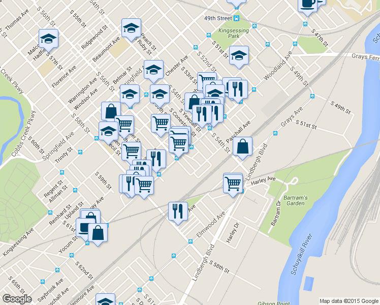 map of restaurants, bars, coffee shops, grocery stores, and more near 1826 South Vogdes Street in Philadelphia