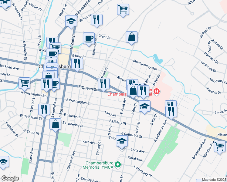 map of restaurants, bars, coffee shops, grocery stores, and more near 440 East Queen Street in Chambersburg