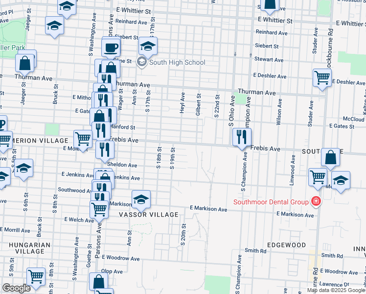 map of restaurants, bars, coffee shops, grocery stores, and more near 702 East Moler Street in Columbus