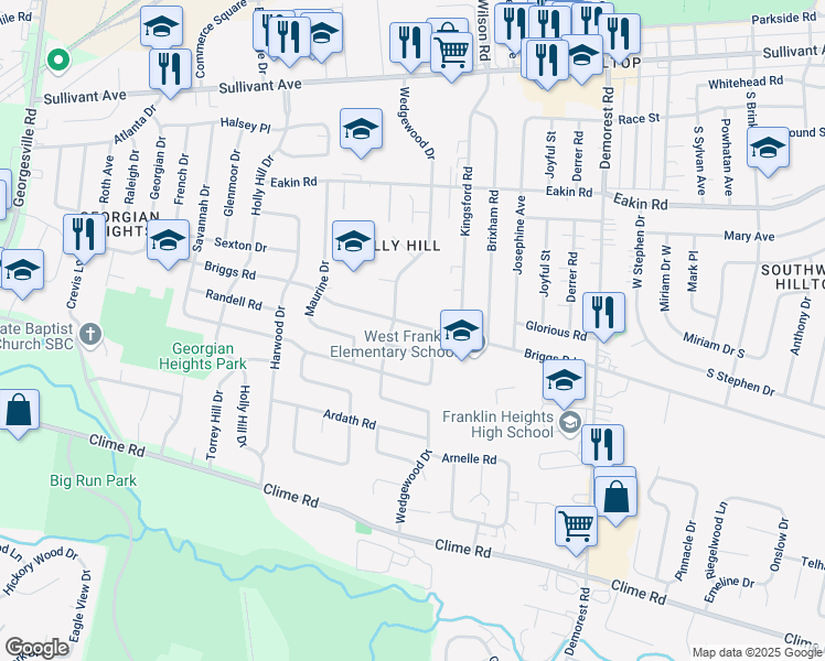 map of restaurants, bars, coffee shops, grocery stores, and more near 3740 Shirley Lane in Columbus