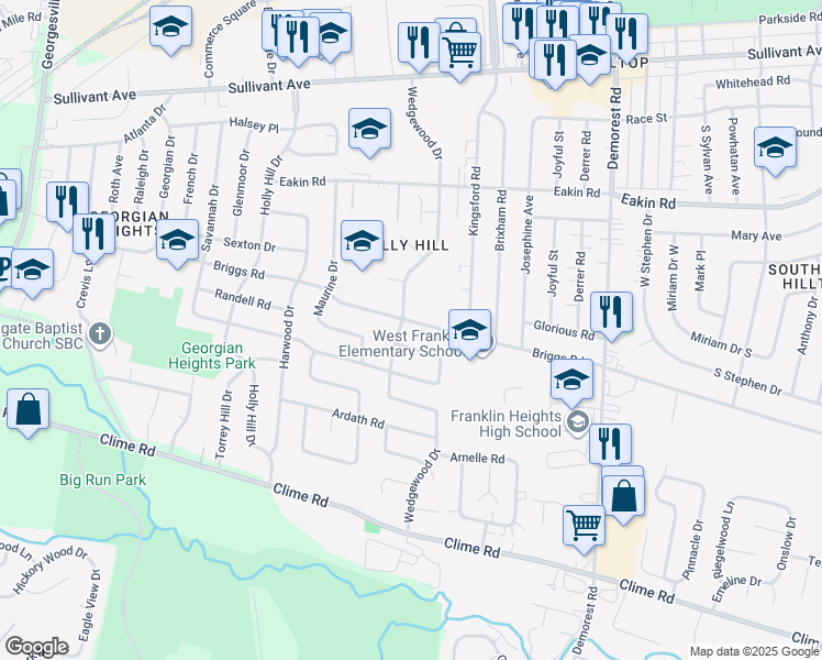 map of restaurants, bars, coffee shops, grocery stores, and more near 3740 Shirley Lane in Columbus