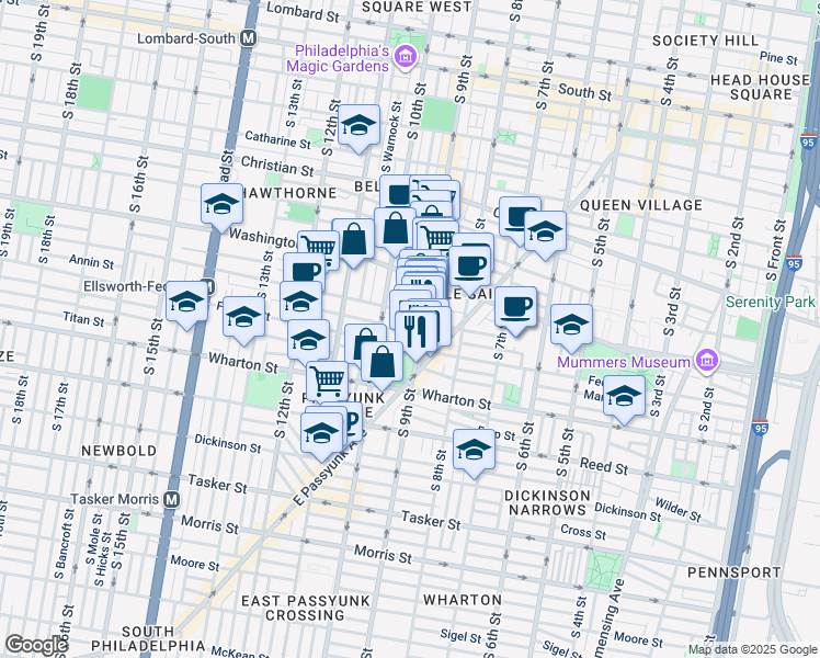 map of restaurants, bars, coffee shops, grocery stores, and more near 911 Annin Street in Philadelphia