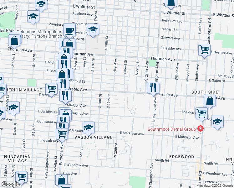 map of restaurants, bars, coffee shops, grocery stores, and more near 702 East Moler Street in Columbus