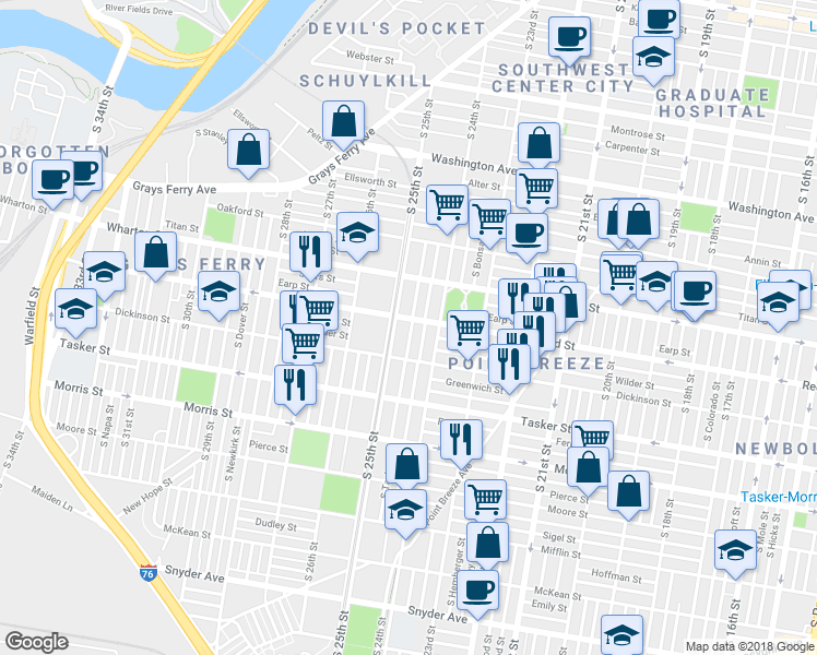 map of restaurants, bars, coffee shops, grocery stores, and more near 1410 South Taylor Street in Philadelphia