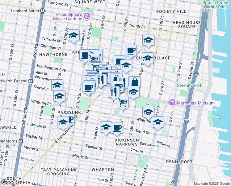 map of restaurants, bars, coffee shops, grocery stores, and more near 1121 South 7th Street in Philadelphia
