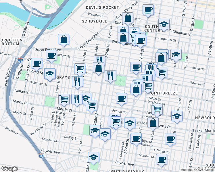 map of restaurants, bars, coffee shops, grocery stores, and more near 1422 South 24th Street in Philadelphia