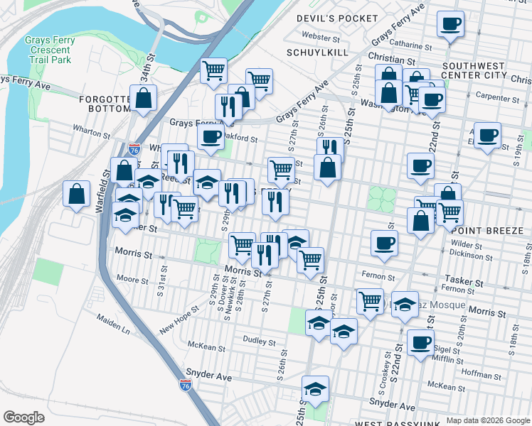 map of restaurants, bars, coffee shops, grocery stores, and more near 1500 South Marston Street in Philadelphia