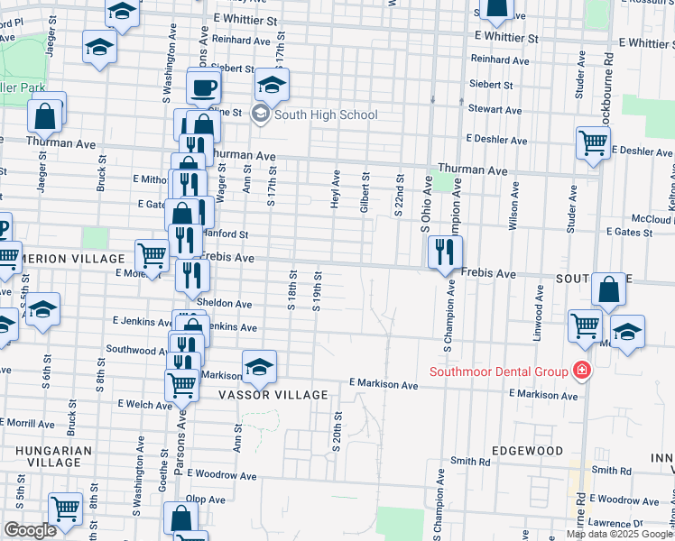 map of restaurants, bars, coffee shops, grocery stores, and more near 702 East Moler Street in Columbus