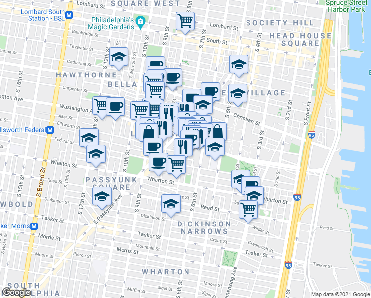 map of restaurants, bars, coffee shops, grocery stores, and more near 1121 South 7th Street in Philadelphia