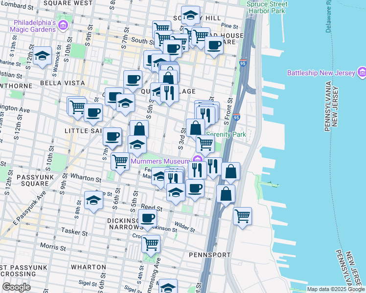 map of restaurants, bars, coffee shops, grocery stores, and more near 1005 South 3rd Street in Philadelphia