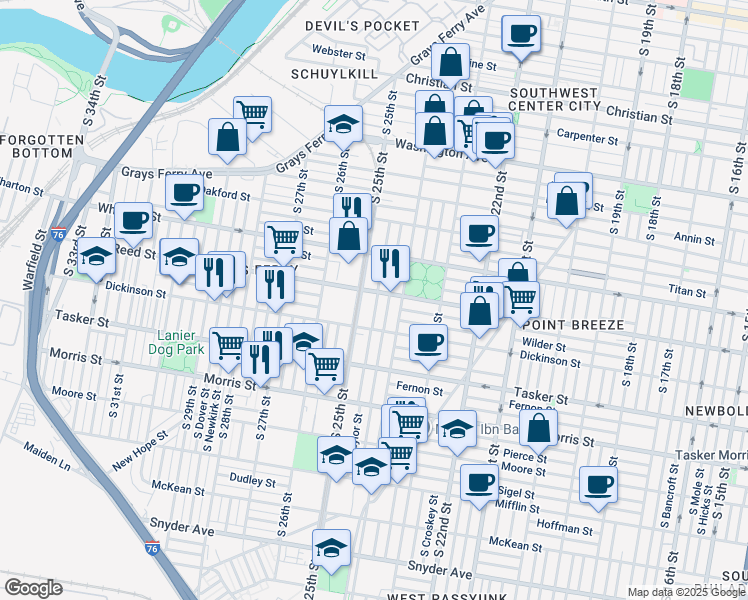 map of restaurants, bars, coffee shops, grocery stores, and more near 1410 South Taylor Street in Philadelphia
