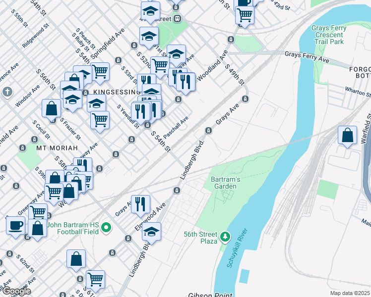 map of restaurants, bars, coffee shops, grocery stores, and more near 5321 Grays Avenue in Philadelphia
