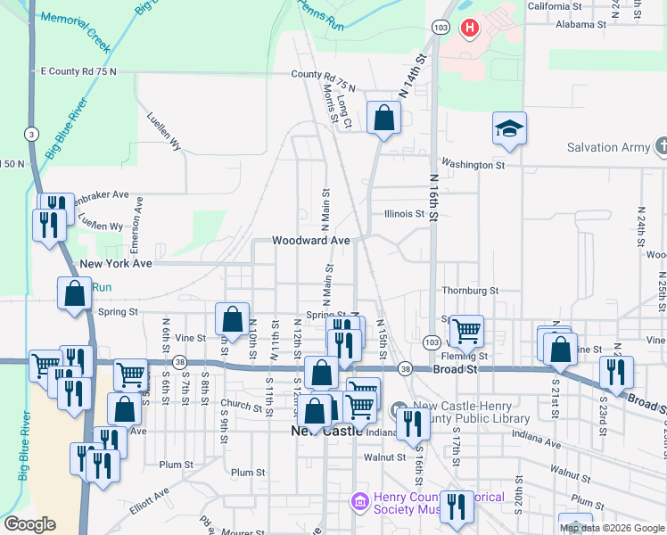 map of restaurants, bars, coffee shops, grocery stores, and more near 1320 Thornburg Street in New Castle