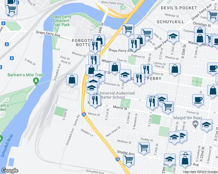 map of restaurants, bars, coffee shops, grocery stores, and more near 1515 South Napa Street in Philadelphia