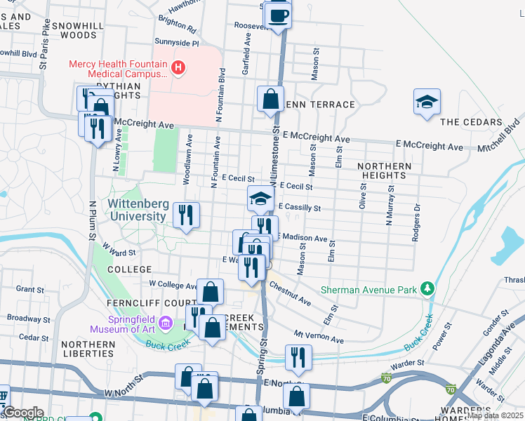 map of restaurants, bars, coffee shops, grocery stores, and more near 145 East Cassilly Street in Springfield