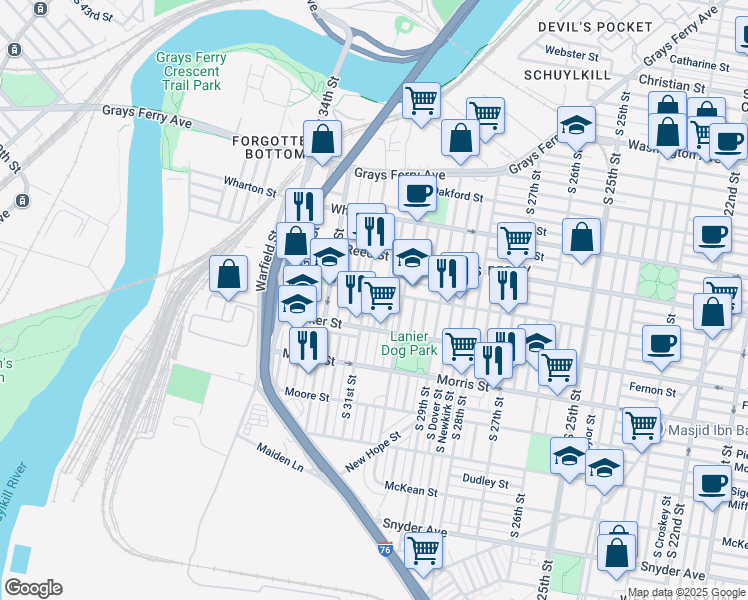 map of restaurants, bars, coffee shops, grocery stores, and more near 1508 South Stanley Street in Philadelphia