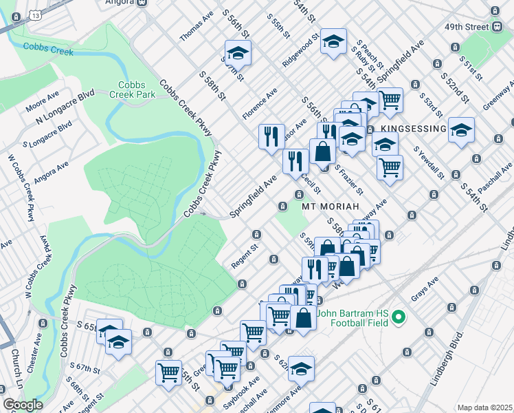 map of restaurants, bars, coffee shops, grocery stores, and more near 5929 Trinity Street in Philadelphia