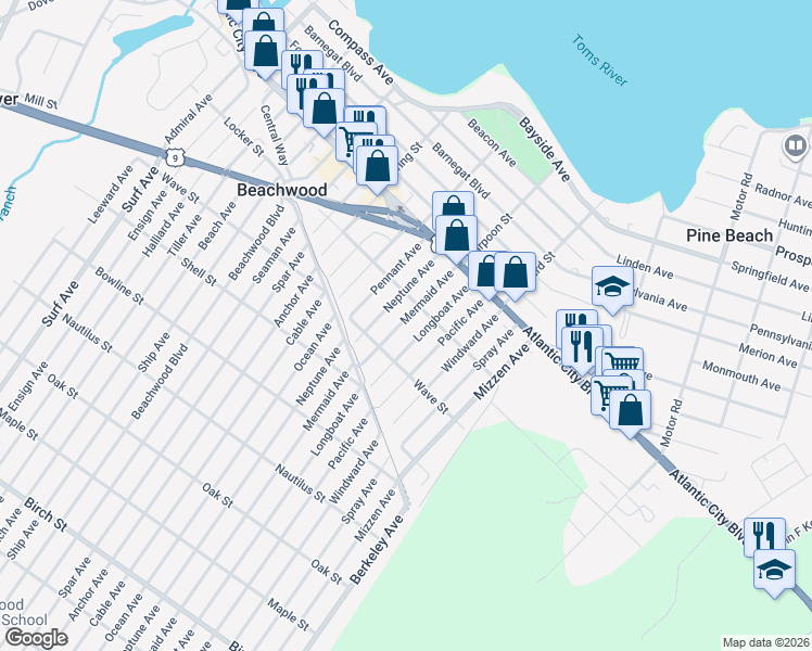 map of restaurants, bars, coffee shops, grocery stores, and more near 223 Mermaid Avenue in Beachwood