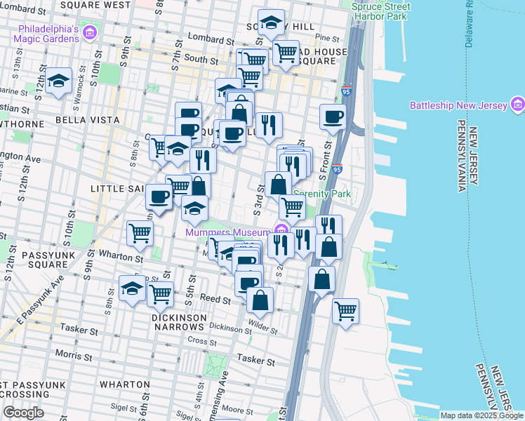 map of restaurants, bars, coffee shops, grocery stores, and more near 222 Carpenter Street in Philadelphia