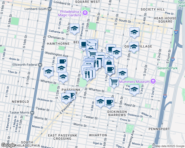 map of restaurants, bars, coffee shops, grocery stores, and more near 826 Ellsworth Street in Philadelphia