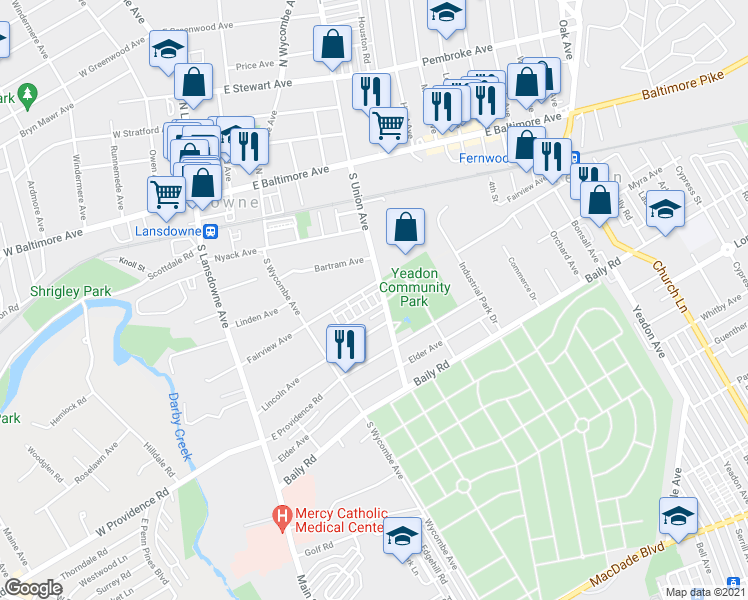 map of restaurants, bars, coffee shops, grocery stores, and more near 117 Lincoln Avenue in Yeadon