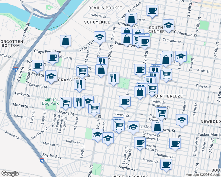 map of restaurants, bars, coffee shops, grocery stores, and more near 1422 South 24th Street in Philadelphia