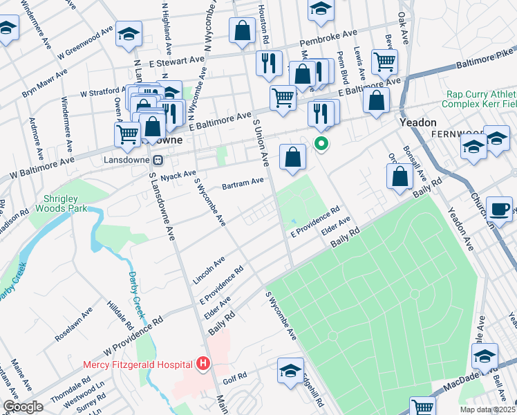 map of restaurants, bars, coffee shops, grocery stores, and more near 174 Fairview Avenue in Yeadon