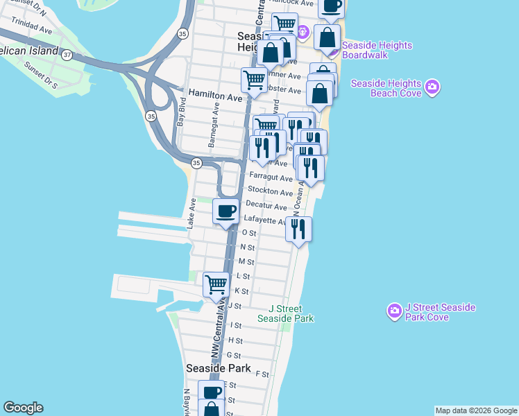 map of restaurants, bars, coffee shops, grocery stores, and more near 1600-1604 Ocean Boulevard in Seaside Park