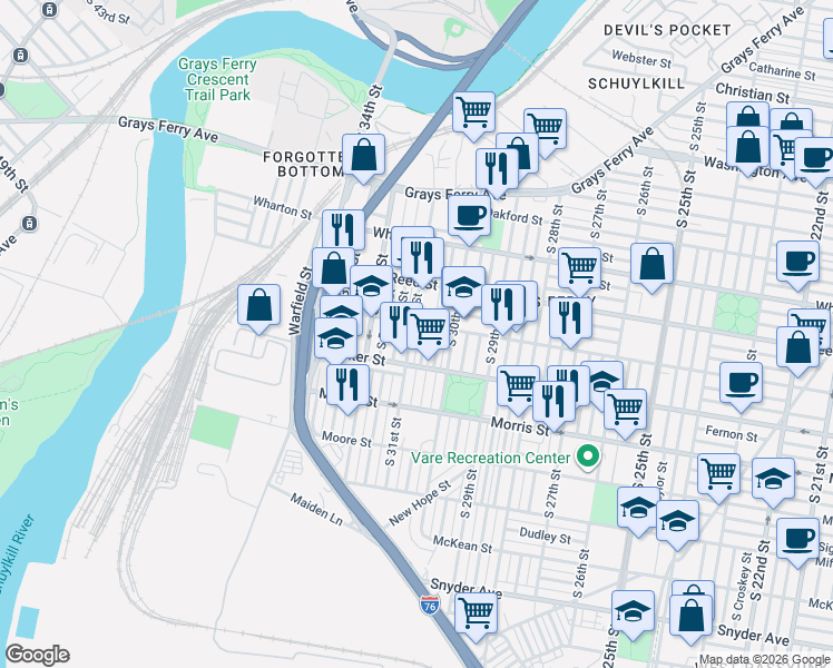 map of restaurants, bars, coffee shops, grocery stores, and more near 1526 South Corlies Street in Philadelphia