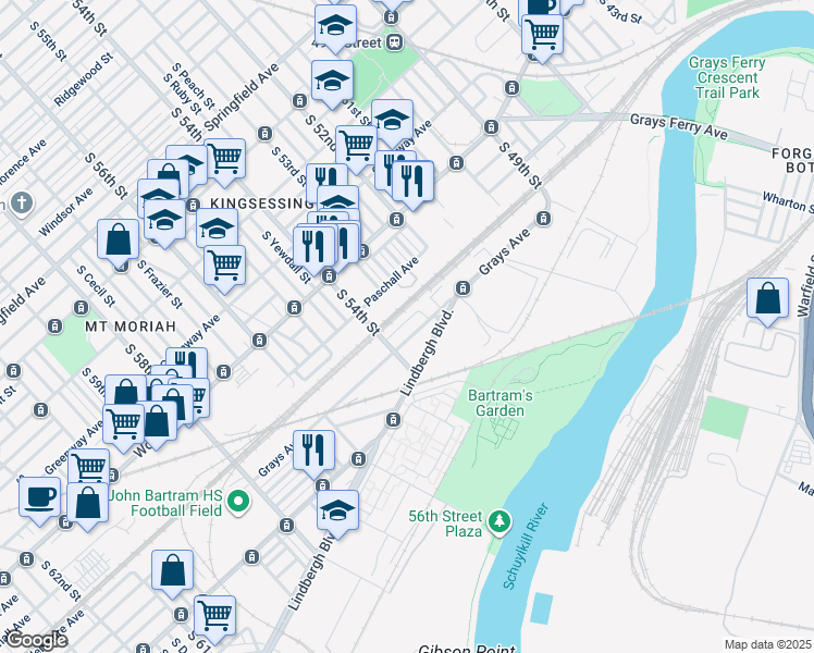map of restaurants, bars, coffee shops, grocery stores, and more near 5326 Glenmore Avenue in Philadelphia