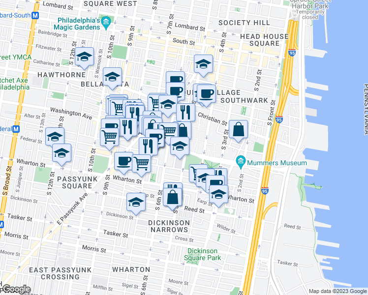 map of restaurants, bars, coffee shops, grocery stores, and more near 501 Washington Avenue in Philadelphia
