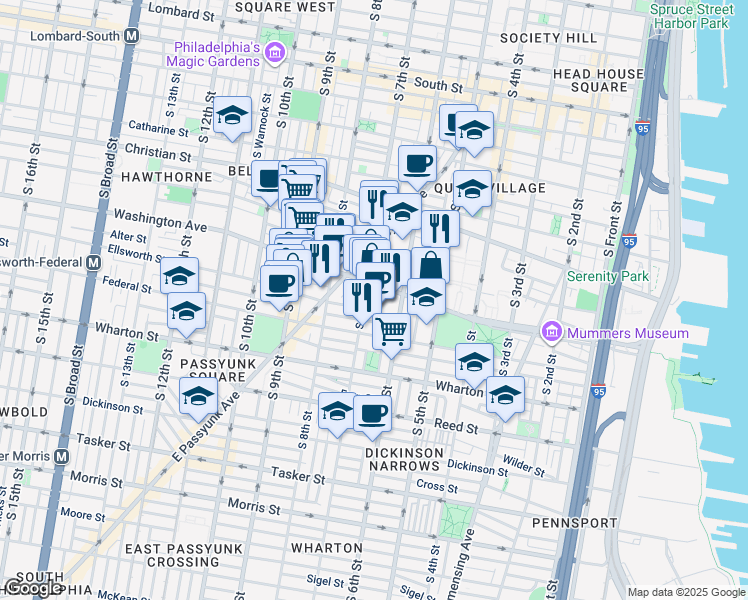 map of restaurants, bars, coffee shops, grocery stores, and more near 600 Washington Avenue in Philadelphia