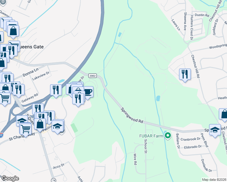 map of restaurants, bars, coffee shops, grocery stores, and more near 2400 Springwood Road in York
