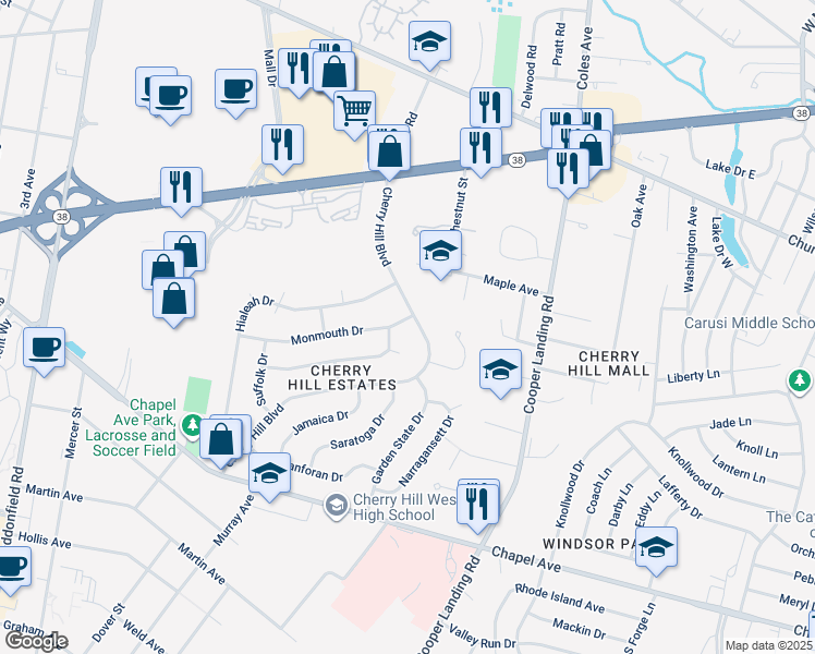 map of restaurants, bars, coffee shops, grocery stores, and more near 327 Cherry Hill Boulevard in Cherry Hill
