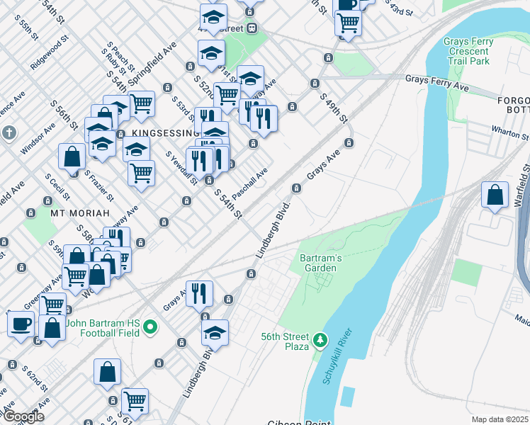 map of restaurants, bars, coffee shops, grocery stores, and more near 5317 Grays Avenue in Philadelphia