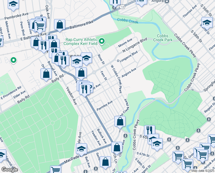 map of restaurants, bars, coffee shops, grocery stores, and more near 913 Guenther Avenue in Yeadon