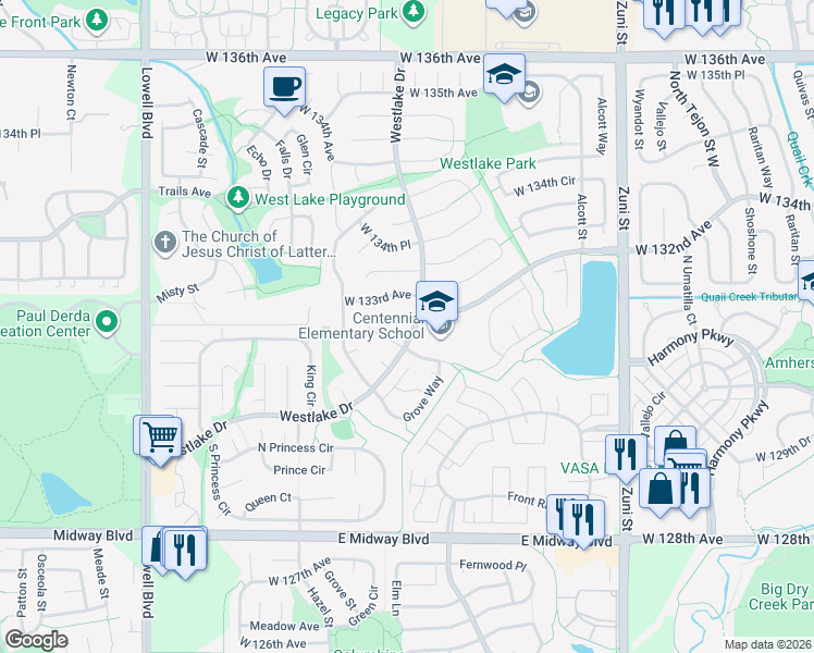 map of restaurants, bars, coffee shops, grocery stores, and more near 3117 West 132nd Court in Broomfield