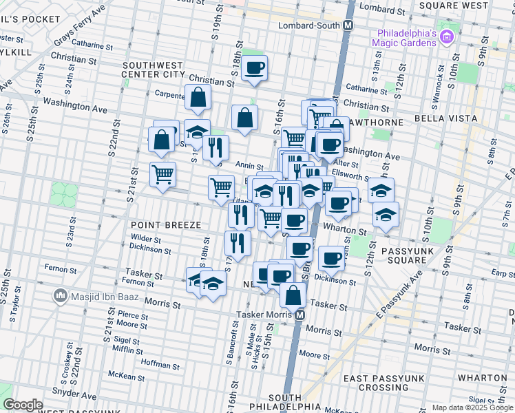 map of restaurants, bars, coffee shops, grocery stores, and more near 1610-12 Titan Street in Philadelphia