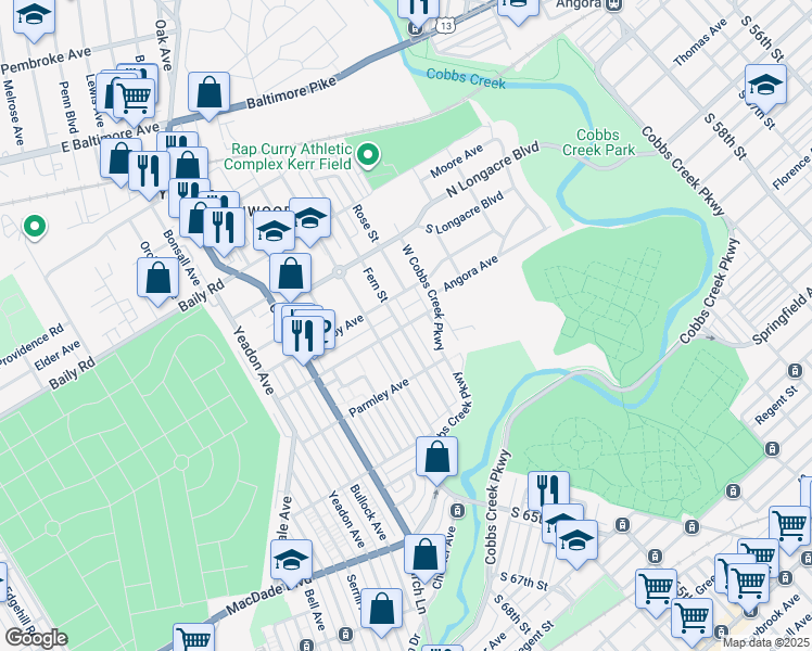 map of restaurants, bars, coffee shops, grocery stores, and more near 1013 Guenther Avenue in Yeadon