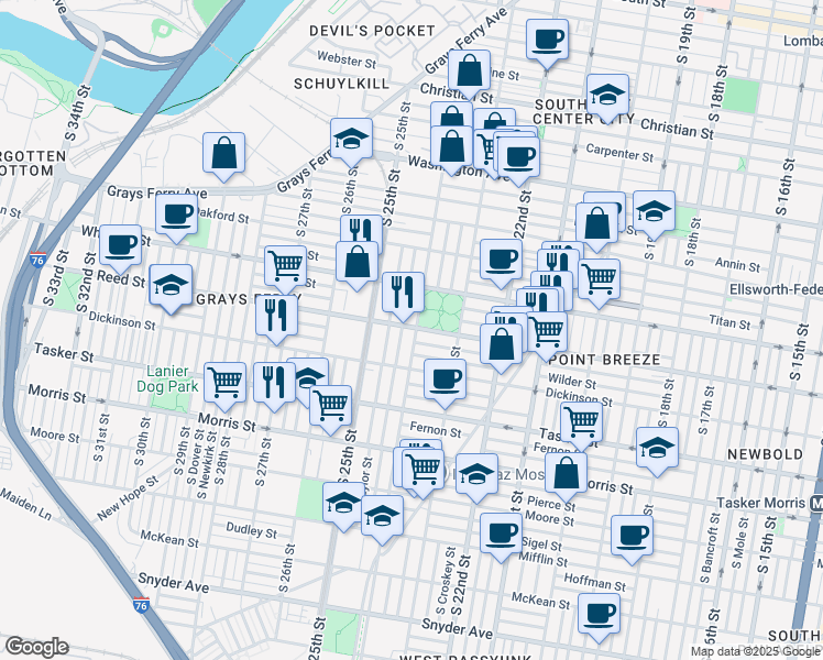 map of restaurants, bars, coffee shops, grocery stores, and more near 1422 South 24th Street in Philadelphia