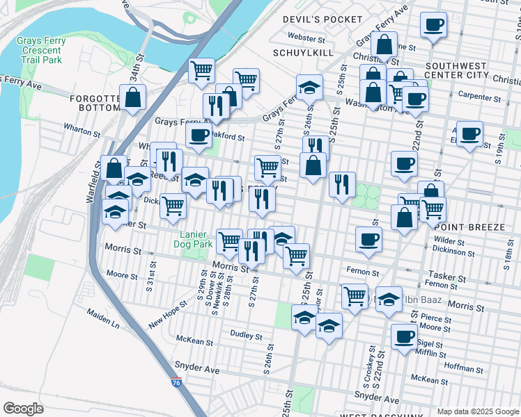 map of restaurants, bars, coffee shops, grocery stores, and more near 1435 South Etting Street in Philadelphia