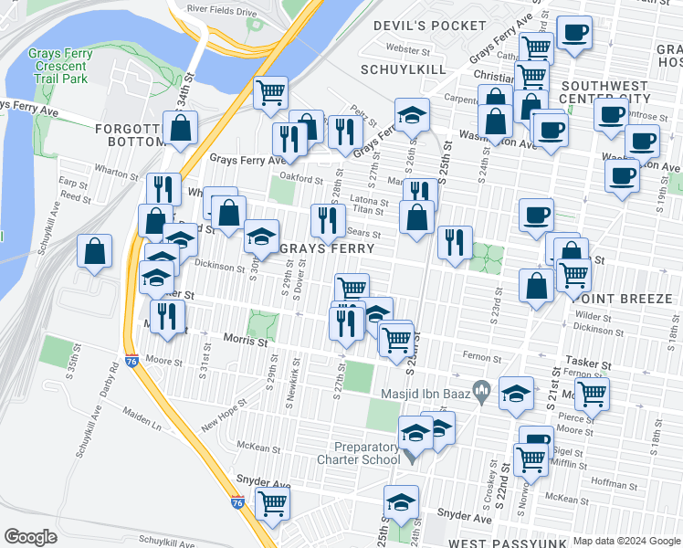 map of restaurants, bars, coffee shops, grocery stores, and more near 1436 South Etting Street in Philadelphia