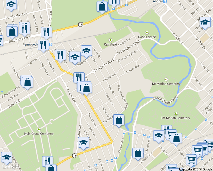 map of restaurants, bars, coffee shops, grocery stores, and more near 913 Guenther Avenue in Yeadon