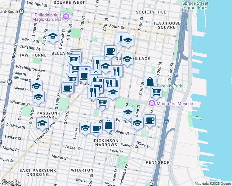 map of restaurants, bars, coffee shops, grocery stores, and more near 501 Washington Avenue in Philadelphia