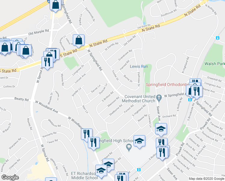 map of restaurants, bars, coffee shops, grocery stores, and more near 2 South Britton Road in Springfield