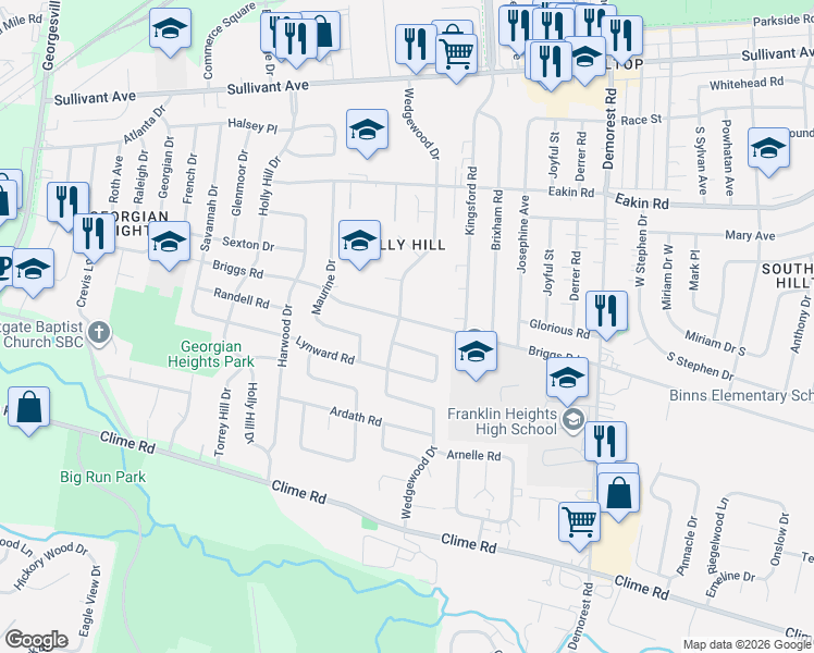 map of restaurants, bars, coffee shops, grocery stores, and more near 3753 Briggs Road in Columbus