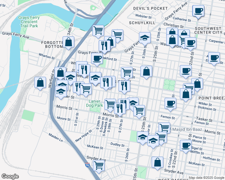 map of restaurants, bars, coffee shops, grocery stores, and more near 1445 South Newkirk Street in Philadelphia