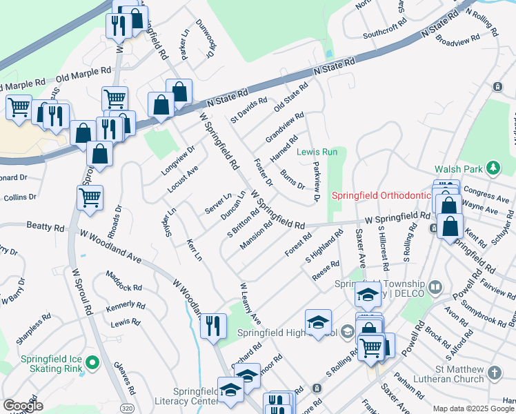map of restaurants, bars, coffee shops, grocery stores, and more near 2 South Britton Road in Springfield