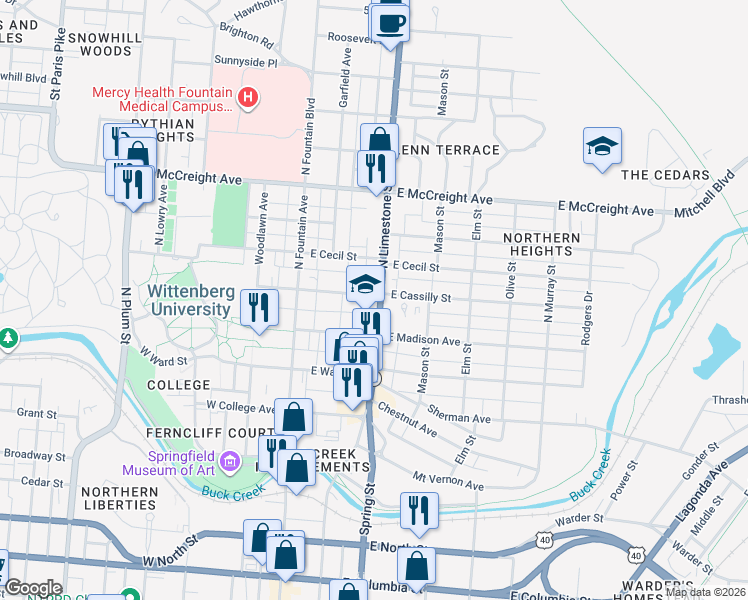 map of restaurants, bars, coffee shops, grocery stores, and more near 821 North Limestone Street in Springfield